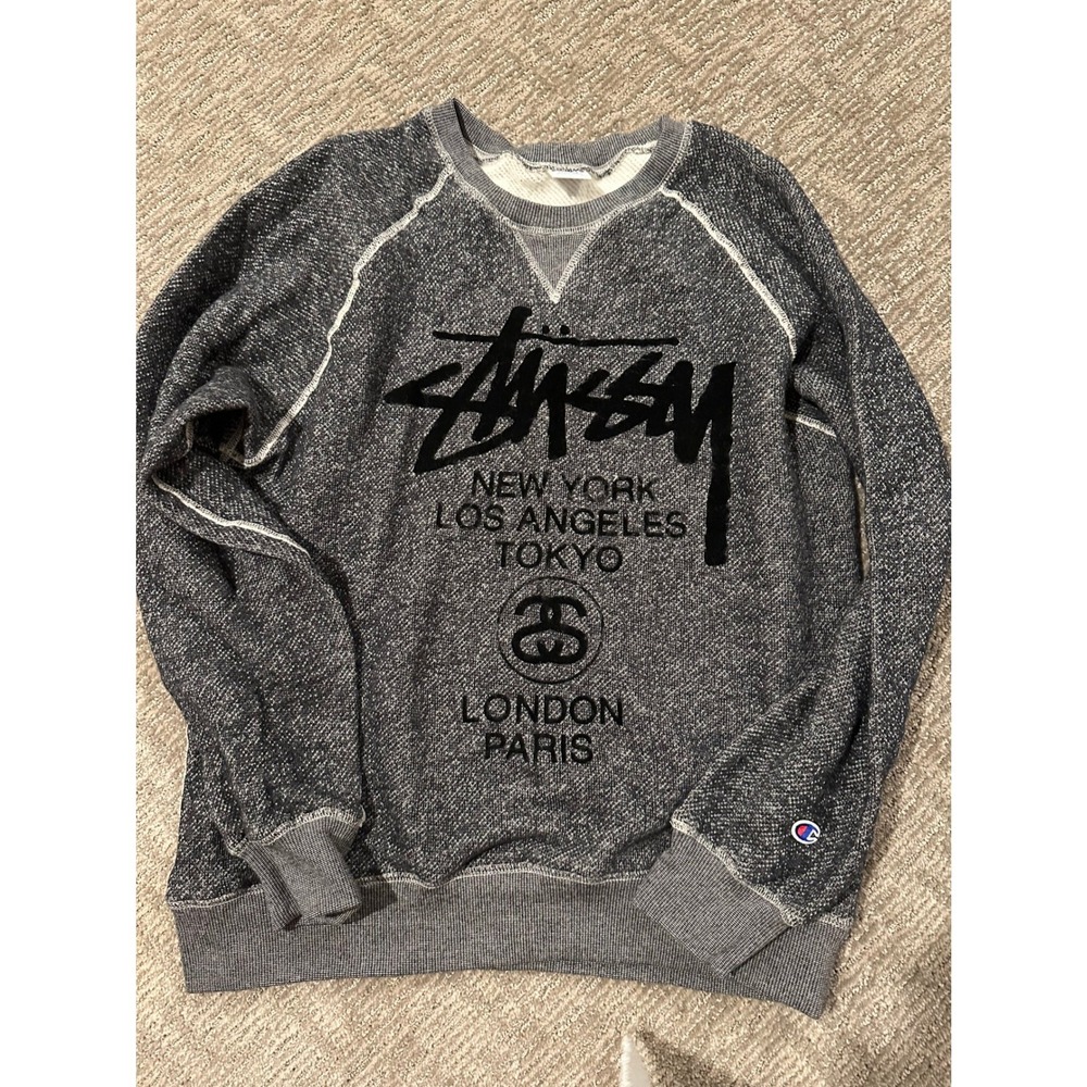 RARE Stussy x Champion World Tour Sweatshirt Mens XL Grey Salt and Pepper Raglan